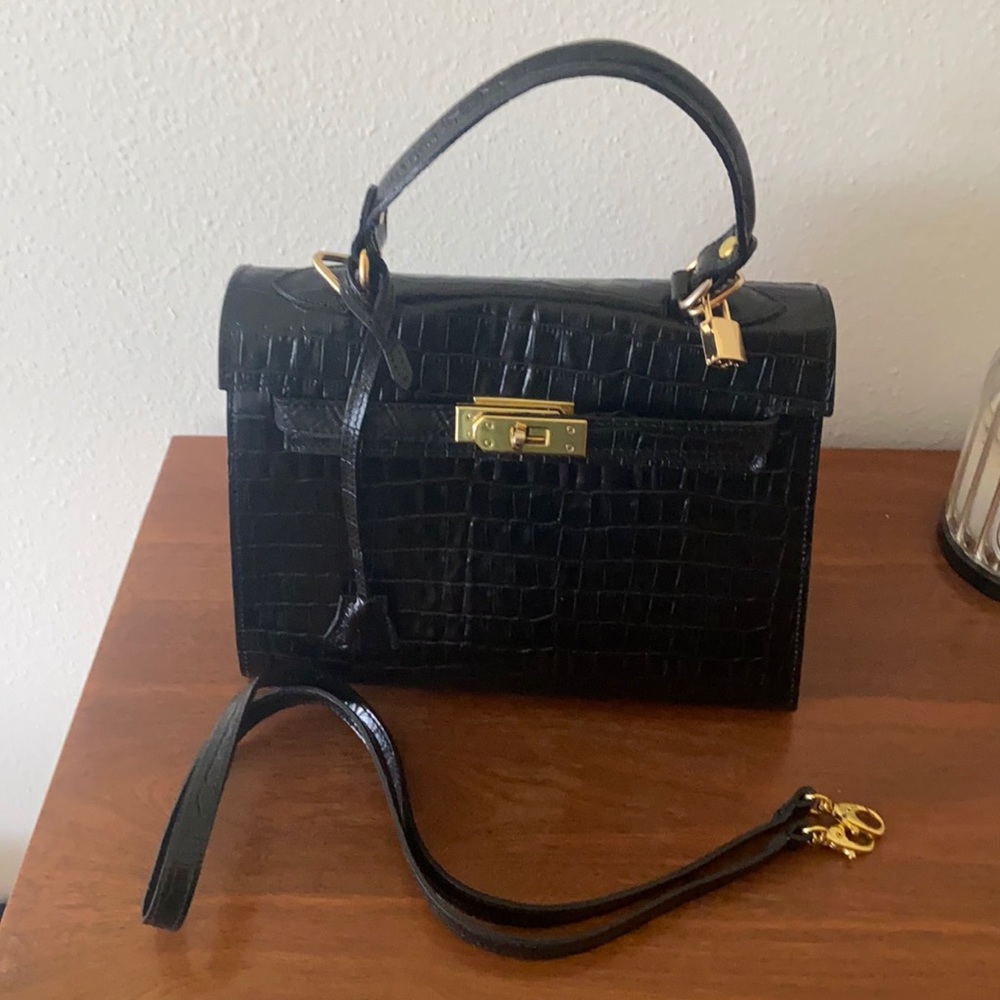 Hermès Kelly inspired black crocodile-effect genuine leather satchel purse